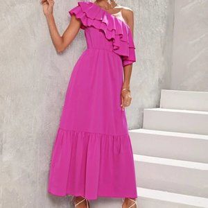 Pink Ruffled Detailed One Shoulder Maxi Dress